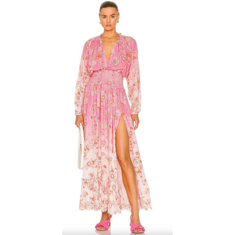 NWT Hemant and Nandita Sidra Maxi Dress, Pink Cotton Long Sleeve Size Small - Picture 1 of 13